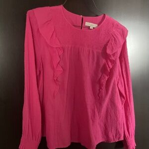 Fuscia pink long sleeve top with ruffle details